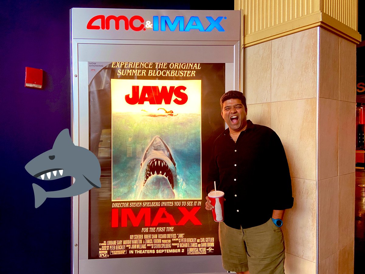 KesavanBhargav's tweet photo. Thanks for bringing this gem of a movie to the biggest screen ever! @AMCArtisanFilms @AMCTheatres @IMAX @UniversalPics ! What a great experience watching JAWS at the theaters! #JawsIMAX #Jaws #StevenSpielberg #EndOfSummer #LaborDayWeekend #LaborDay https://t.co/k9CmCisjPc