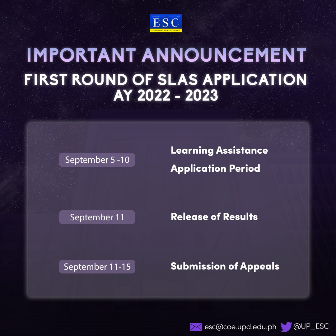 UP_ESC's tweet photo. [SLAS APPLICATION]
SLAS Applicants must log in using their respective UP Email. Details for 1st round of applications for student learning assistance are as follows:

Application Period - September 5-10
Release of Results - September 11
Submission of Appeals - September 11-15 https://t.co/vmdK9PGyLN