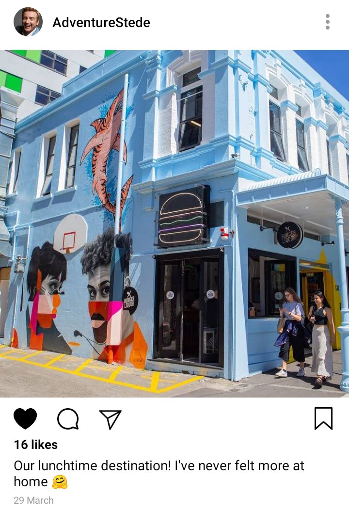 Stede's IG. Caption: Our lunchtime destination! I've never felt more at home. Picture: Outside of a restaurant. 