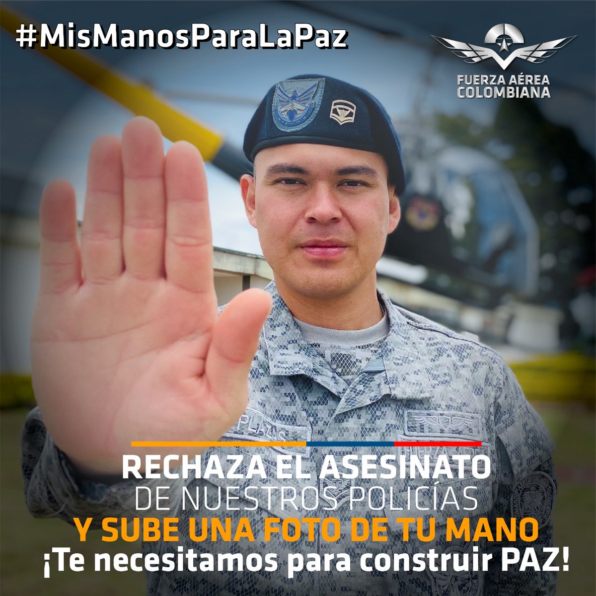 FuerzaAereaCol's tweet photo. Nuestra más profunda y sentida manifestación de condolencias por el lamentable fallecimiento de los #HéroesPorSiempre de la @PoliciaColombia .

Absoluto rechazo a los actos violentos en contra de los uniformados de #Colombia.

#MisManosParaLaPaz 
#NosDueleATodos https://t.co/zYyT5FiQPC