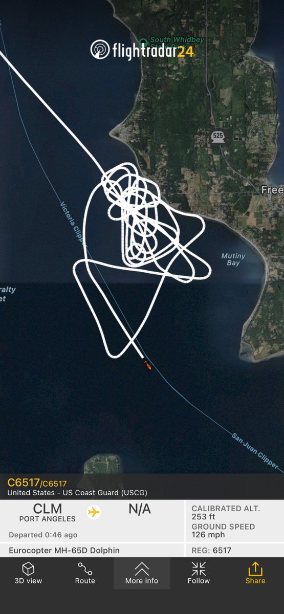 joelmcairo's tweet photo. Coast Guard helicopter searching for a plane that crashed north of #Seattle near #MutinyBay.
#USCG Flight #C6517 from Port Angeles
https://t.co/7zrlNd80hZ https://t.co/bcAQjfeGz3