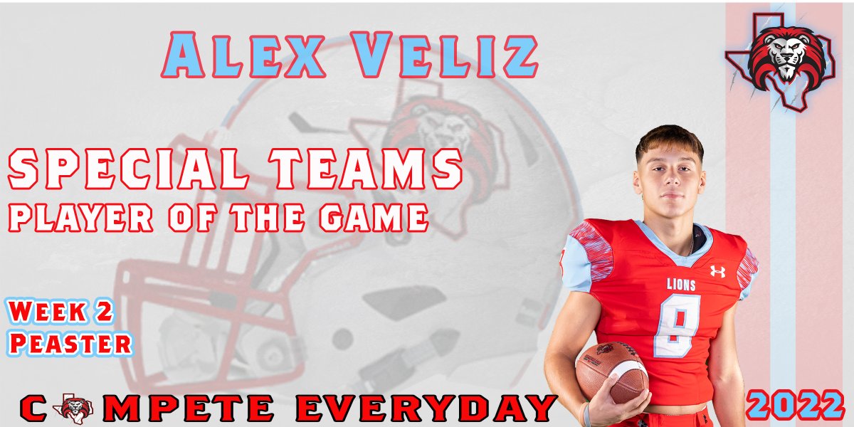 Jrsilva2Juan's tweet photo. Congratulations to our Week 2
Varsity Special Teams Player of the Game.  
Alex Veliz 

#CISDAthletics #CastleberryISD #CHS_lions #LionPride #CHSFamily #CompeteEveryday https://t.co/BfuIzGUL6J