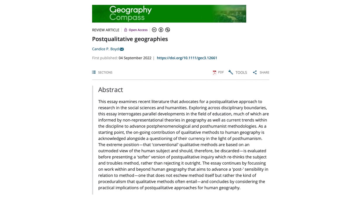 davidbissell's tweet photo. Postqualitative geographies - smart new review article by Candice Boyd in Geography Compass that describes key aspects of postqualitative inquiry and evaluates how these approaches inflect postphenomenological and posthumanist geographies. Open access: https://t.co/jpjSxpiTMC https://t.co/rfafHiV4Ri