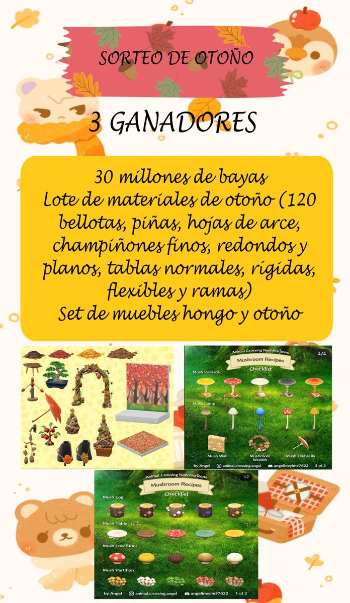 Serena_mrn's tweet photo. 🍂NUEVO SORTEO🍁

3 Ganadores (los premios son para cada ganador)

Para participar:
-Seguirme👤
-Dar like❤️
-Hacer Rt🔁

Abierto hasta el viernes 17 de septiembre. Los ganadores se anunciaran el sábado 18. Suerte a tod@s!!
 #AnimalCrossingNewHorizons #nintendoswitch https://t.co/je8aNt6kDA