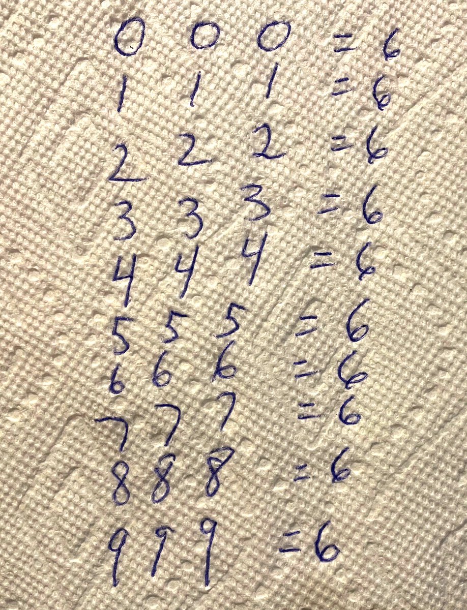 Mathematics.  Make each statement true without using any other numbers.

Example. 6 is easy: 6 + 6 - 6 = 6.

Rules:
1) You cannot draw a number.
2) To obtain 6, you can only use mathematical symbols, so long as they don't include a number.