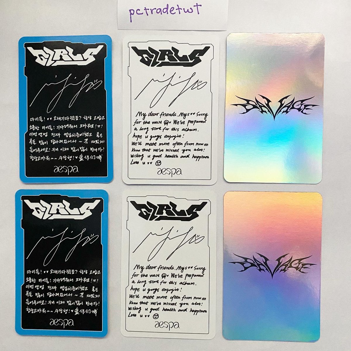 pctradetwt's tweet photo. WTT aespa savage &amp; girls pc

Have:
NingNing ( kwangya ver )
NingNing** (digipack US exclusive)
Karina (P.O.S) AR 

Want: see 3rd pic
Karina, Winter, Giselle, NingNing 

**can be cross trade to Giselle PB US exclusive pc**

📍USA only 

ℹ️ read pinned tweet for info &amp; proofs https://t.co/82wX7XftuU