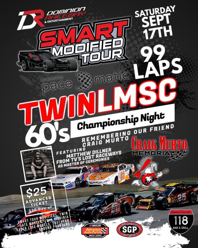 DominionRaceway's tweet photo. 🚨🚨 GET YOUR TICKETS NOW SAVE $5🚨🚨
🎟🎟 >> https://t.co/ukSPCoLRz2
Get your tickets for this HUGE race NOW at our advanced price of $25.00
Tickets are $25 in advance and $30 at the door
Come out and see a full field of SMART Modified Tour Mod's make their return to Dominion. https://t.co/gzvTTvktYg