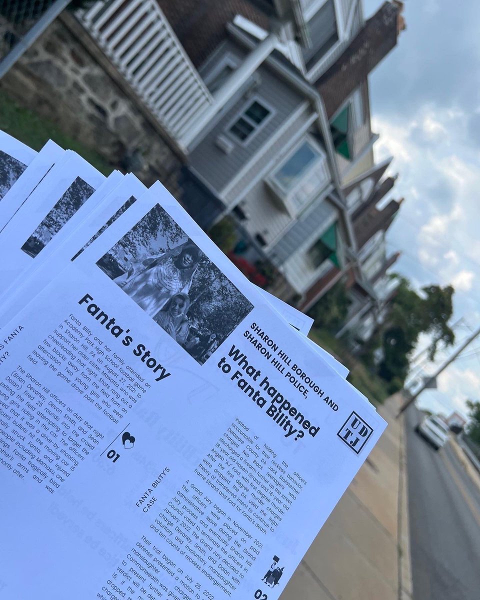 DelcoResists's tweet photo. Today we had numerous community members join @UDTJ7 and Delco Resists to help us share Fanta Bility’s story. In only a few hours we were able to drop fliers at 95% of Sharon Hill households; that’s over 2,000 households! https://t.co/lwtbmRzEEG