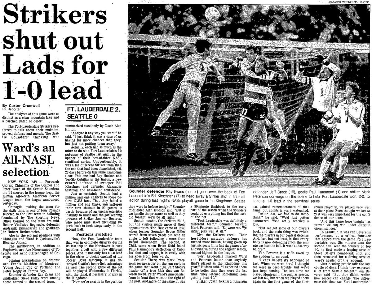 WA_Legends's tweet photo. Three weeks after pummeling Fort Lauderdale, the Sounders are silenced at home – and find themselves on the brink of elimination in the semifinals. Scene now switches 3200mi to Florida, where an epic match awaits Sept. 8. #OTD 1982 #TimeMachineSounders1982 https://t.co/d4MlsuLuE4