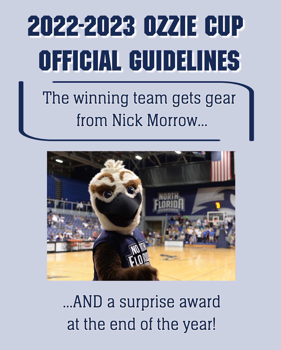 unfsaac's tweet photo. The Ozzie Cup is a contest within UNF athletics where teams can earn points based on attendance at sanctioned events! The team with the most points by the end of the year will receive a special award.

#ozziecup #fillyourcup https://t.co/I4OXeR0e2F