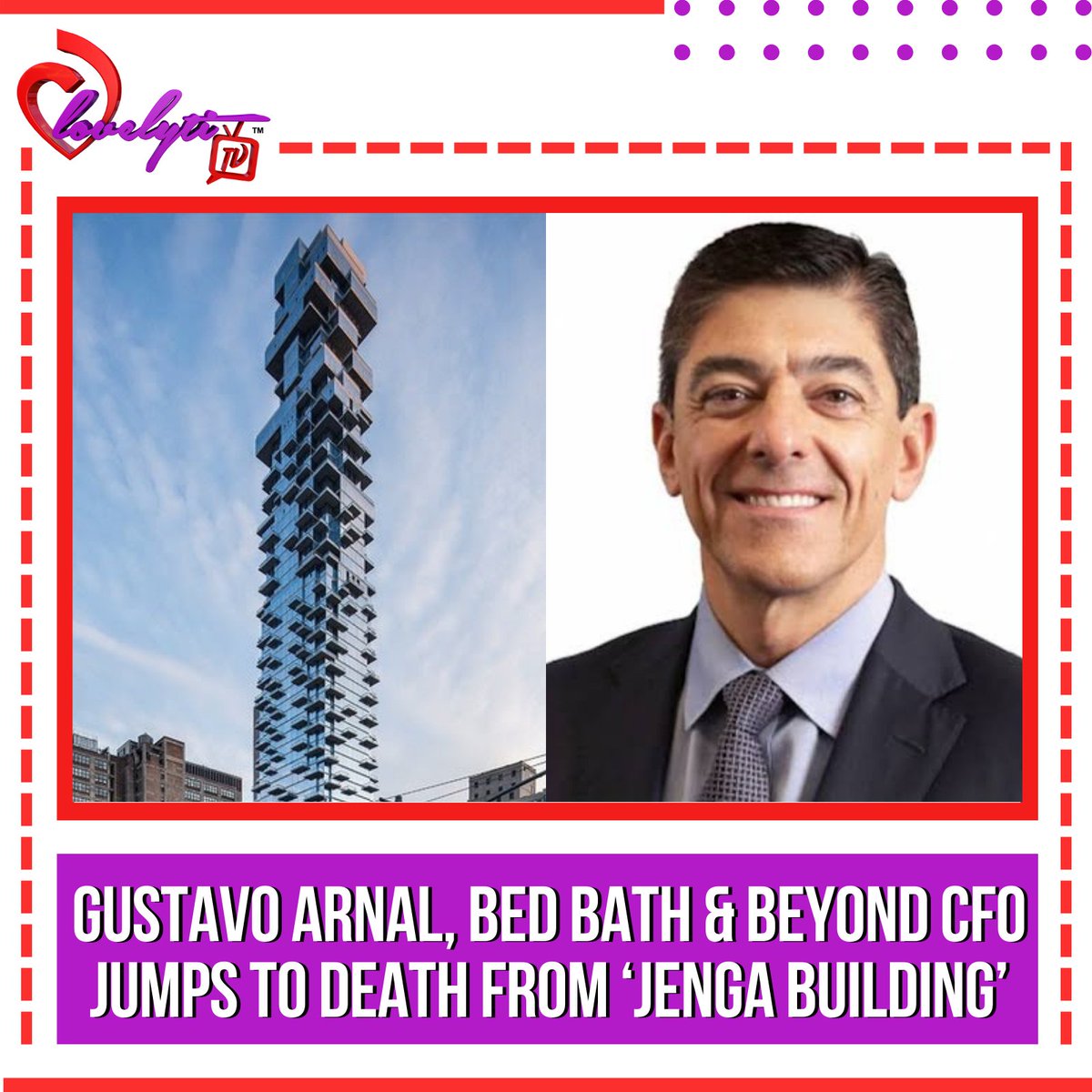 lovelyti's tweet photo. Bed Bath & Beyond’s Chief Financial Officer jumped to his death from the 18th floor of New York City’s “Jenga” tower (Tribeca skyscraper) on Friday afternoon, according to media reports.
Any Thoughts???
#GustavoArnal #BedBathandBeyond #JengaBuilding #Lovelytitv https://t.co/LUwVBd3fWN