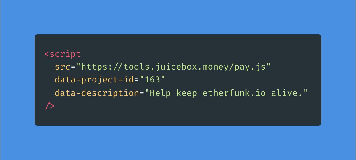 aeolianeth's tweet photo. 🔥 Presenting: juice-pay-js.

Add a "Pay with Juicebox" popup to your website with this single line of code.

Demo in thread: https://t.co/RtNNEAOw4i