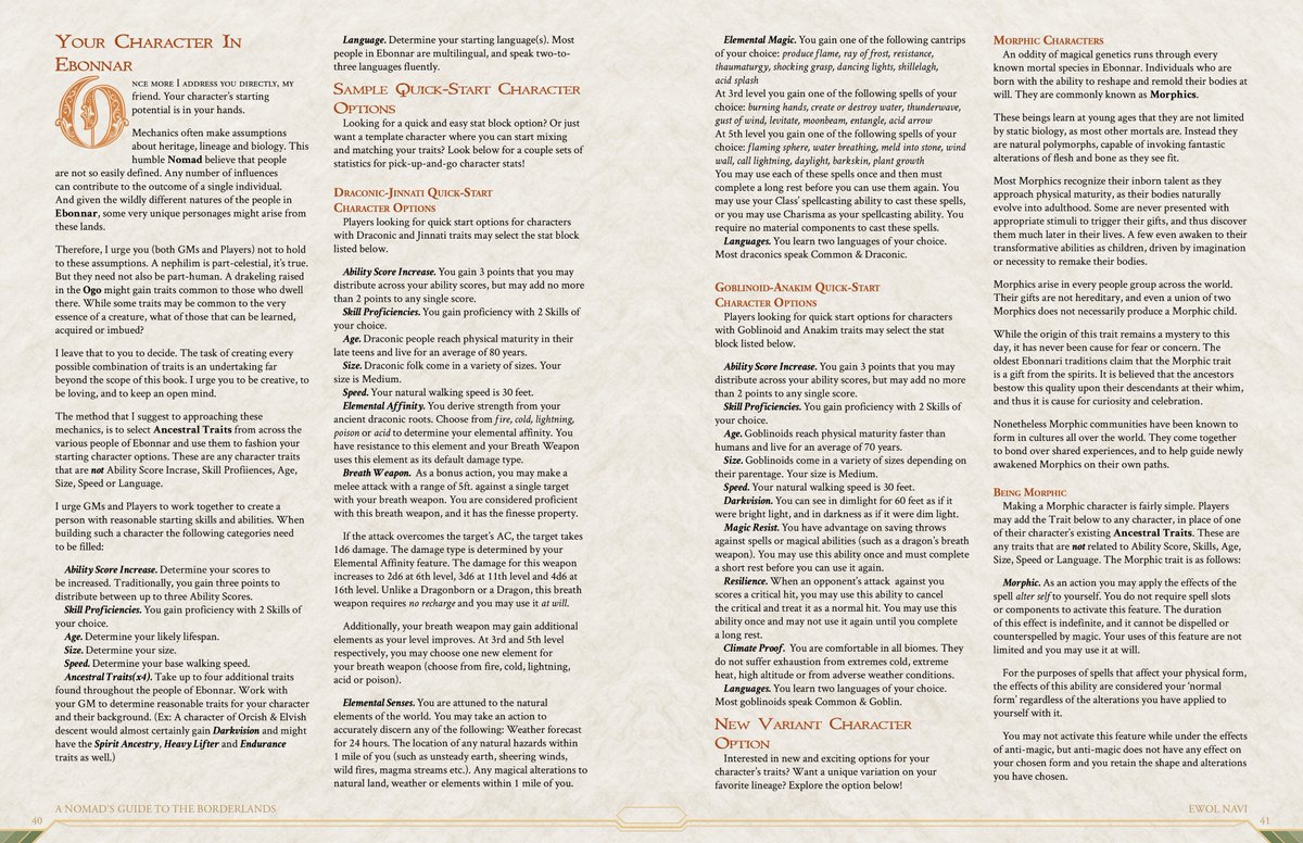 WorldOfEbonnar's tweet photo. There are many ancestries in Ebonnar. Traveler's Guide and Nomad's Guide offer several quick start options for new characters. But quick start options are just that. Grab-and-go stats. However there is a more in depth option for character generation: Your Character In Ebonnar.🧵 https://t.co/myVKpy0tGy