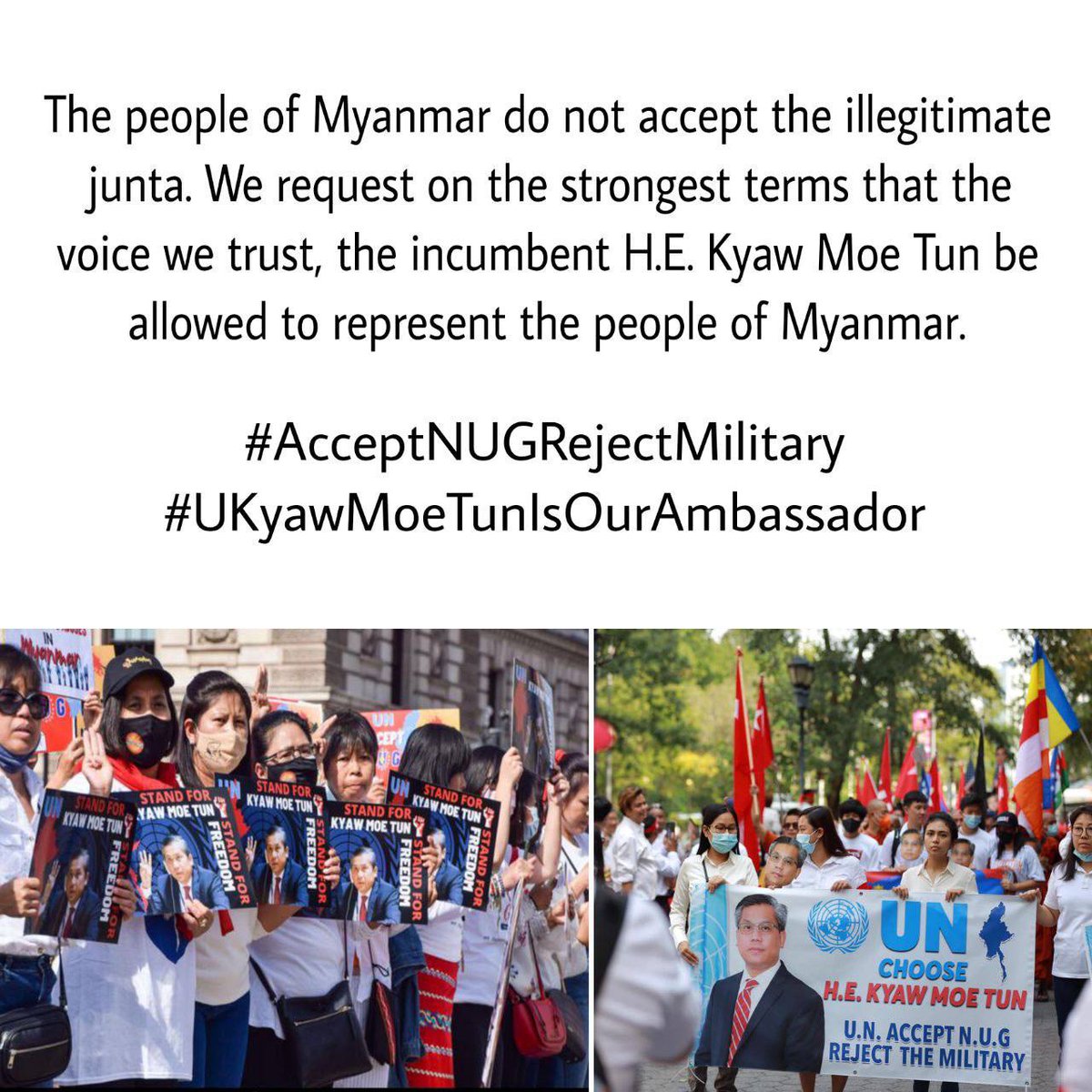 KhineSweWin2's tweet photo. @UN’s attribute for Myanmar is always inconclusive. Now , We demand UN to recognize NUG and accept our ambassador U Kyaw Moe Tun to save more lives . #AcceptNUG_RejectMilitary #UKyawMoeTunIsOurAmbasaador https://t.co/6B5CplZZDq