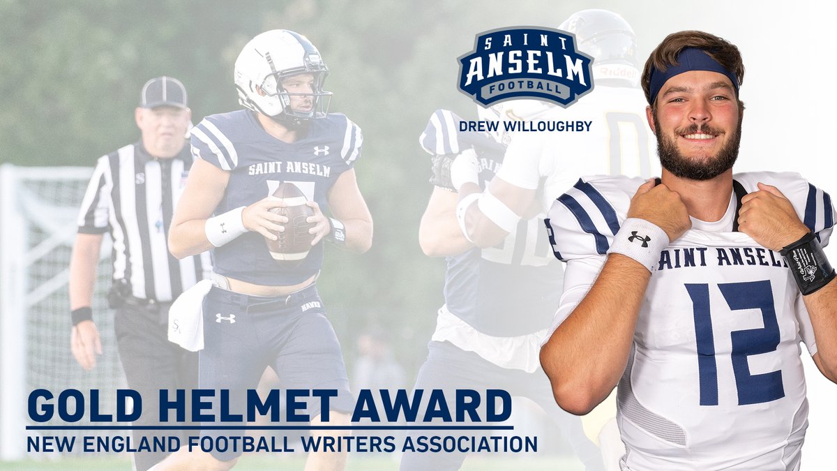 Drew Willoughby received the prestigious Gold Helmet Award, issued to the top performer across New England Division II/III institutions, for his Week 1 performance against Millersville - RELEASE: saintanselmhawks.com/news/2022/9/4/… #BCM #HawksSoarHigher