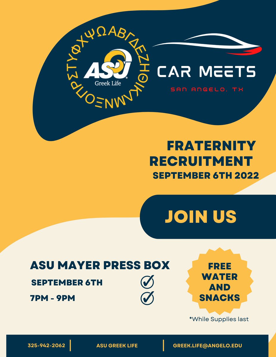 FRATERNITY RECRUITMENT 

Our first event is on Tuesday, Sept 6th at 7pm! Join us and Angelo Car Meets for opening night! If you have any questions please DM us!