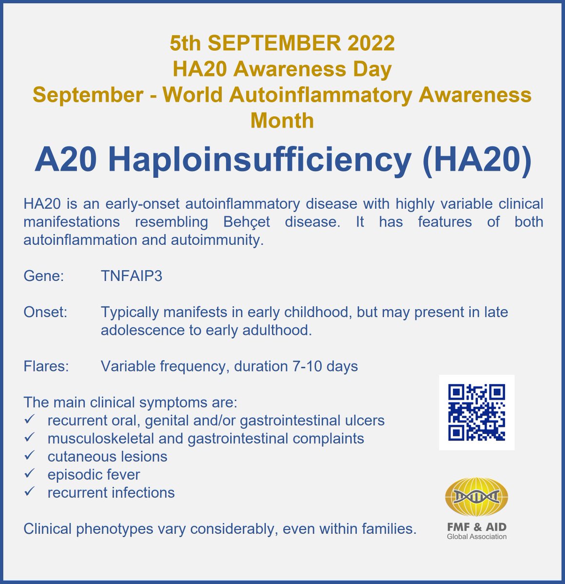 FMFandAID's tweet photo. Today's information card is on HA20. Please share this card to raise awareness. They are available in various languages. #autoinflammatoryaware
#beautoinflammatoryaware https://t.co/yfb0xTN6aZ