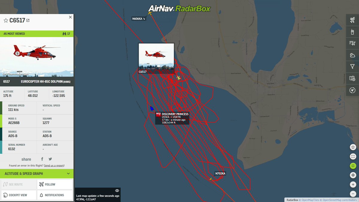 AirNavRadar's tweet photo. US Coast Guard helicopter is currently over Mutiny Bay searching for a plane that crashed north of Seattle: https://t.co/6WPc7YgO87 🚁
#MutinyBay #Seattle #N725TH https://t.co/7sO6QJiMsf