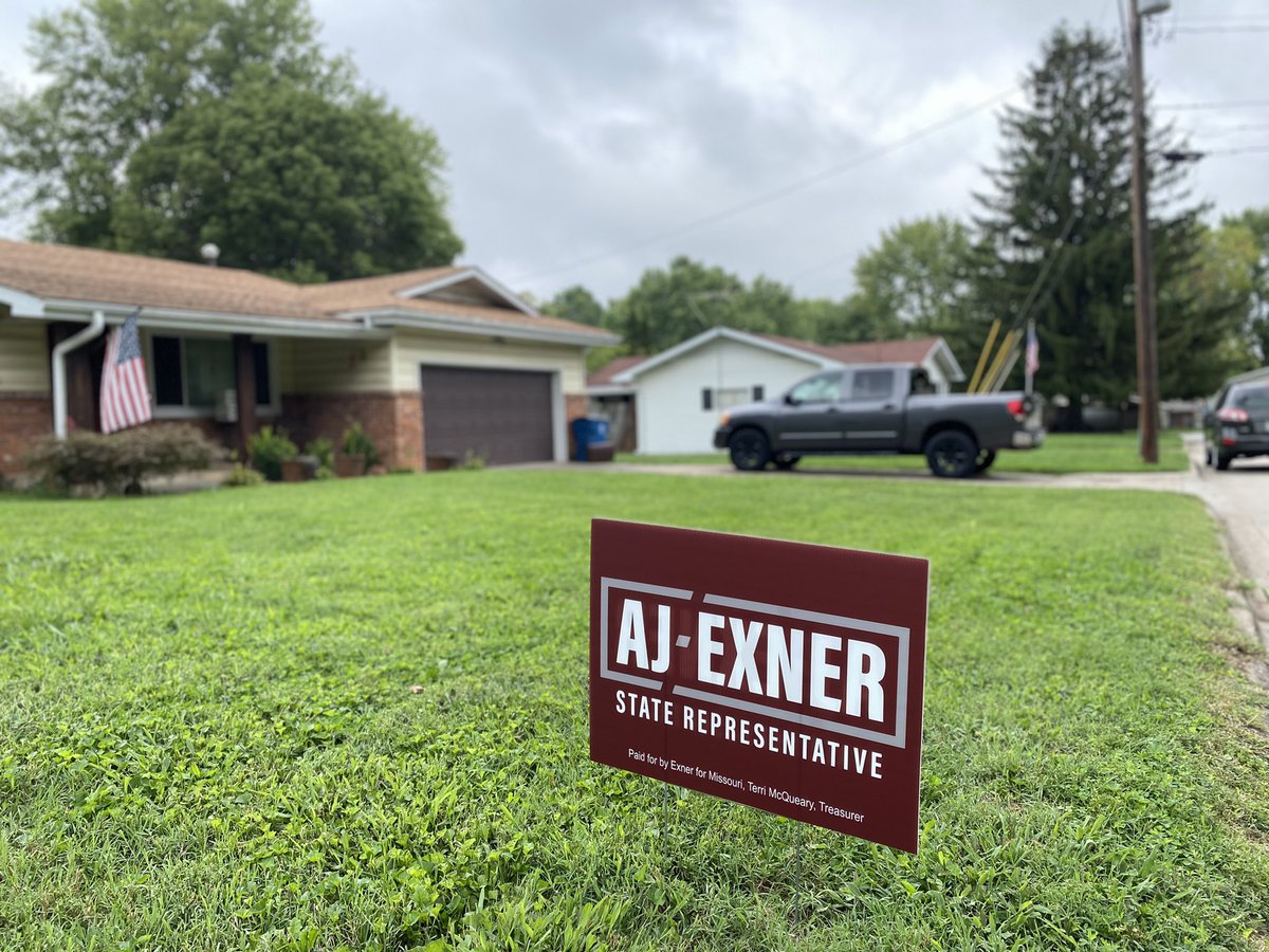 AJExner's tweet photo. Every sign is a story
.
.
.
Conversations about mental health, education, safety, and family. When I drive around town, I get to remember the people and these conversations and it pushes me to keep going. 
#exner4mo #flipthishouseseat #moleg https://t.co/3ABFkCHJeY