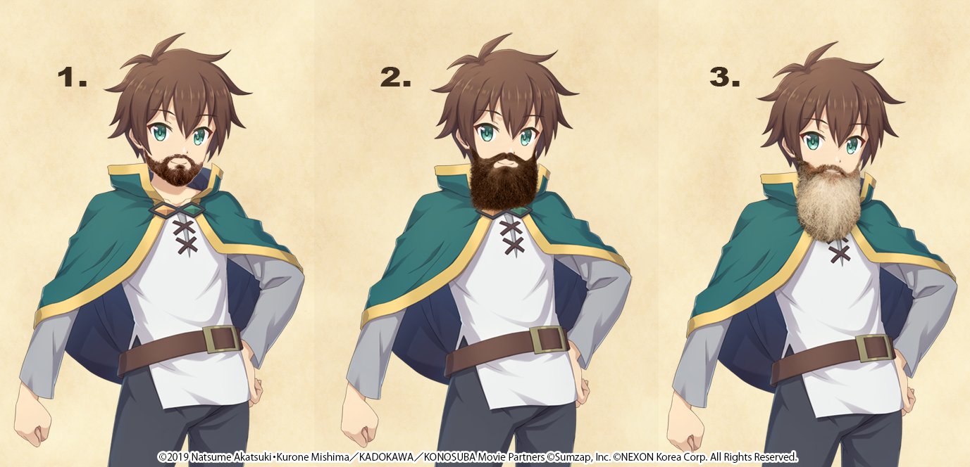 KonoSuba: Fantastic Days on X: Choose a beard for Kazuma - the winner will be our PFP for a week! 🧔📷 / X