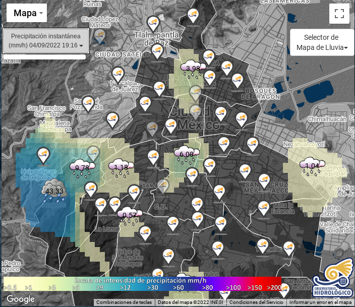 ohiiunam's tweet photo. Intensidad de lluvia 04/09/22 19:16hrs en:
ACOPILCO 43.33 mm/h y 2.69 mm
CUAJIMALPA 9.78 mm/h y 2.07 mm https://t.co/zdlvvqqfzj