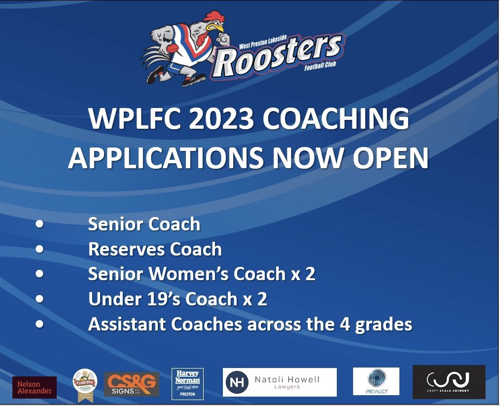 WPLFC 2023 Coaching Applications are now open.
 
Please go to westprestonlakesidefc.com.au/NEWS/SeniorCoa…  for more details.
 
Any queries can be directed to President Luciano Condurso (0400 815 709) or Football Manager Pino Pulcino (0409 611 548).