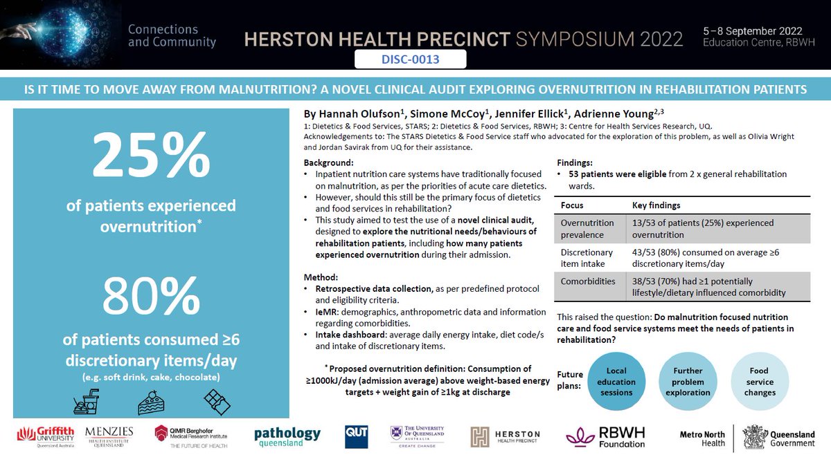 HannahOlufson's tweet photo. Is it time to move away from malnutrition in rehab nutrition care systems? 🍫 See our poster at the @MetroNorthHHS Herston Health Precinct Symposium, summarising an overnutrition audit we undertook - the start of exciting work in this space! 🔍 @dr_am_young @Jenellick https://t.co/7GrE9Zq9r6