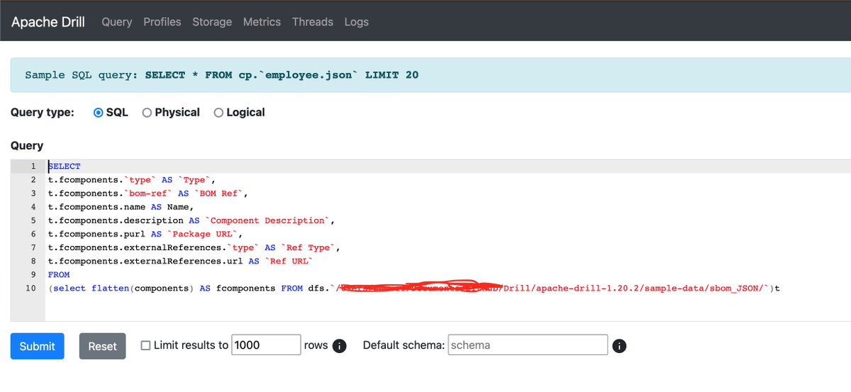 Supply Chain Security Folk I have a question - you know all those SBOMS that will by lying around all over the place... Do people know how to query them for data and use them in a pinch? I used <a href="/ApacheDrill/">Apache Drill</a> which can query xml/json over SQL <a href="/lorenc_dan/">Dan Lorenc</a> @stevespringett any use?