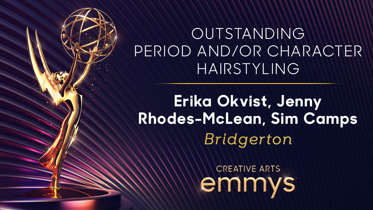 TelevisionAcad's tweet photo. Lady Whistledown-approved! Erika Okvist, Jenny Rhodes-McLean, and Sim Camps win the #Emmy for Outstanding Period and/or Character Hairstyling for @Bridgerton (@Netflix)! 💇‍♀️ #Emmys #Emmys2022 https://t.co/sN0mzMwBnQ