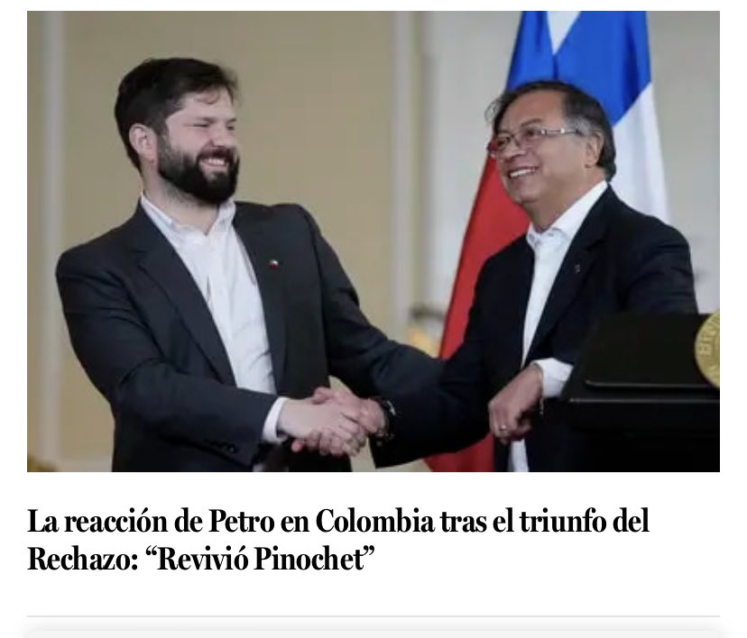 robertoampuero's tweet photo. El Presidente Petro, d Colombia, ofende a inmensa mayoría d los chilenos al criticar nuestra decisión soberana d rechazar (con 62%) el proyecto d nueva Constitución Política. ¡Respete a Chile, Pdte ⁦@petrogustavo⁩! 🇨🇱🇨🇱🇨🇱 ⁦@CaracolRadio⁩ ⁦⁦@gobiernocolombi⁩ https://t.co/ysZ1BTVHGa
