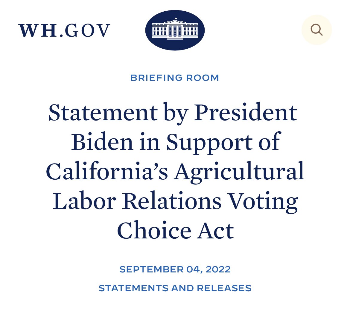 Today, President Biden communicated to the country his support for #AB2183– the Agricultural Labor Relations Voting Choice Act. Farmworkers are grateful. ¡Sí se puede!