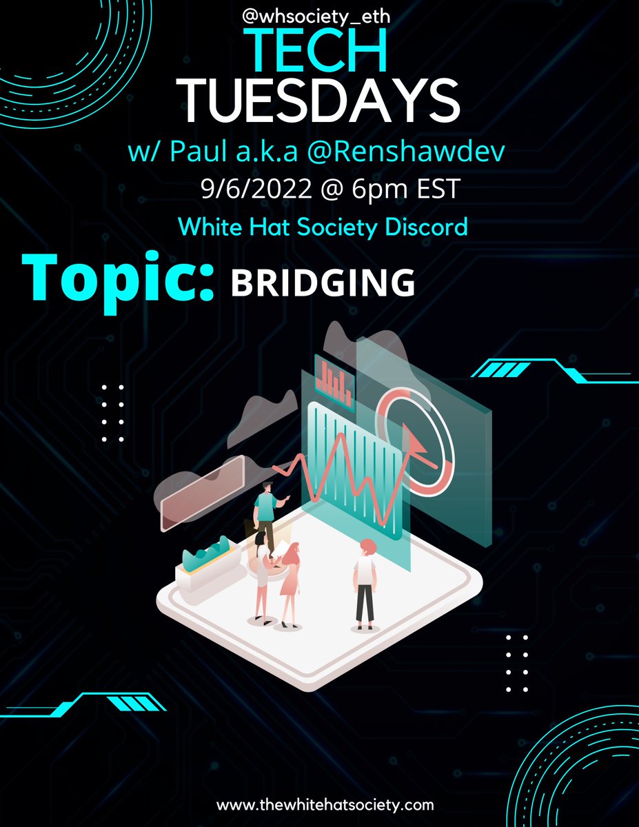 TheWHSRuggedYa's tweet photo. This Tuesday the @WHSociety_eth will discuss "Bridging" in our weekly installment of "Tech Tuesday" with the knowledgable @renshawdev of @ProjectRxnegade. Catch ya there #WHSMembers @NfTCrYpToNeEdEd @DebbieShiffer @aod86311 @ThaRedFire @sklineman @jessinverse32  @NrthWestBound https://t.co/waUYCGlNnt