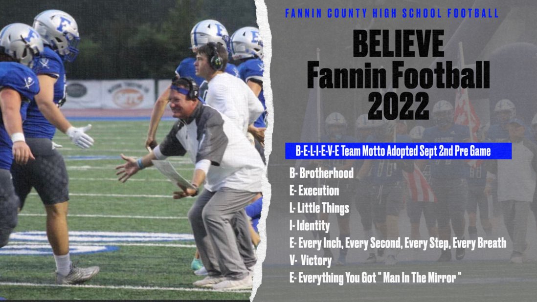 ⁦<a href="/Fannincountyfb/">Fannin County Football</a>⁩ This is our Mission and Vision and theme for the season!  We start week 1 Tuesday after the break!  “Forgetting what is behind, I press forward!” BELIEVE!