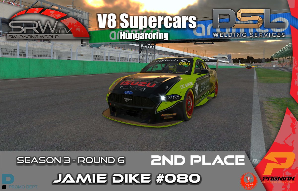Sim_RacingWorld's tweet photo. DSL Welding V8 SUPERCARS-  Hungaroring.

🏆 Congratulations to our round 6 podium! 🏆

SUP 1 
1st \\ Bruce TANNOCK #123 - Mag And Turbo Motorsport
2nd \\ Jamie DIKE #080 - Fishy Motorsport
3rd  \\ Sam NOBLE #953 - 9ine 5ive SimSports

🎬 https://t.co/q4uHWIZejn 🎬
#iracing https://t.co/n98NJT7nsi