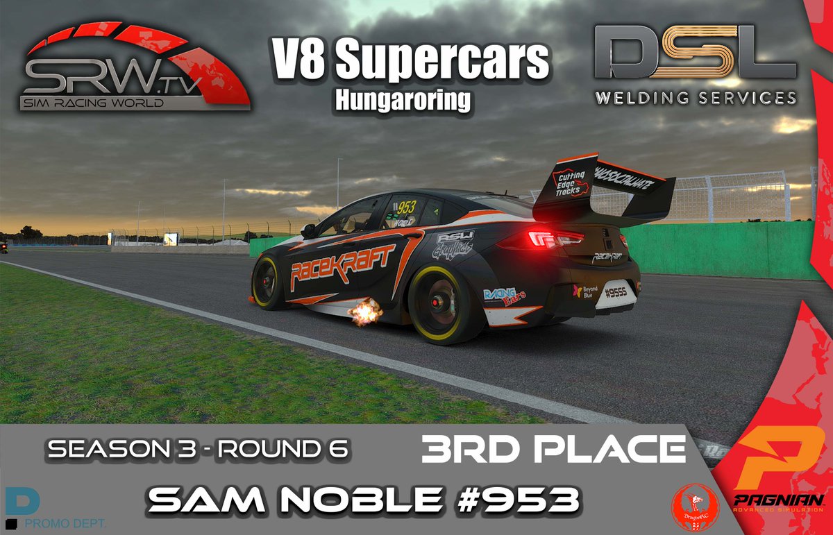 DSL Welding V8 SUPERCARS-  Hungaroring.

🏆 Congratulations to our round 6 podium! 🏆

SUP 1 
1st \\ Bruce TANNOCK #123 - Mag And Turbo Motorsport
2nd \\ Jamie DIKE #080 - Fishy Motorsport
3rd  \\ Sam NOBLE #953 - 9ine 5ive SimSports

🎬 youtu.be/HVIxPA6wToU 🎬
#iracing