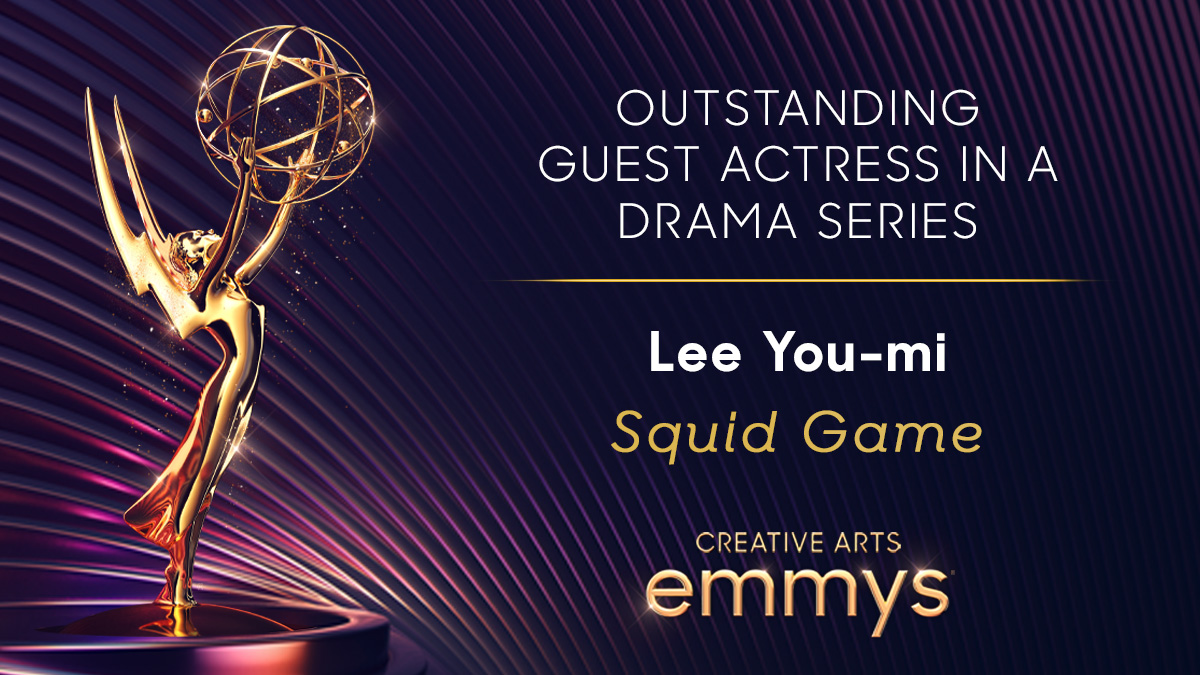 TelevisionAcad's tweet photo. Congratulations to Lee You-mi who just won the #Emmys for Outstanding Guest Actress in a Drama Series for @SquidGame (@Netflix)! 💫 #Emmys #Emmys2022 https://t.co/lGhUQvJKZi