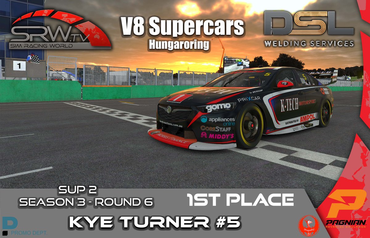 Sim_RacingWorld's tweet photo. DSL Welding V8 SUPERCARS-  Hungaroring.

🏆 Congratulations to our round 6 podium! 🏆

SUP 2
1st \\ Kye TURNER #5 - K-Tech Motorsport
2nd \\ Troy DOOLEY #333 - Team 3
3rd  \\ Matt KEEN #38 - SLM Motorsport

🎬 https://t.co/q4uHWIZejn 🎬
#iracing https://t.co/dH8l4sAoOj