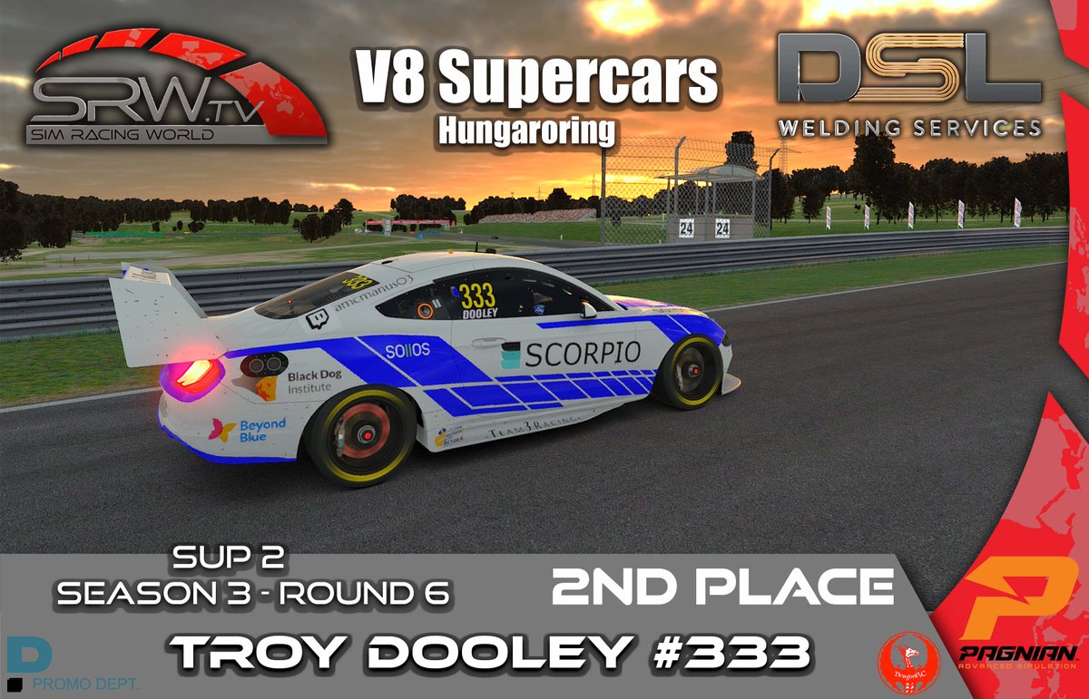 Sim_RacingWorld's tweet photo. DSL Welding V8 SUPERCARS-  Hungaroring.

🏆 Congratulations to our round 6 podium! 🏆

SUP 2
1st \\ Kye TURNER #5 - K-Tech Motorsport
2nd \\ Troy DOOLEY #333 - Team 3
3rd  \\ Matt KEEN #38 - SLM Motorsport

🎬 https://t.co/q4uHWIZejn 🎬
#iracing https://t.co/dH8l4sAoOj