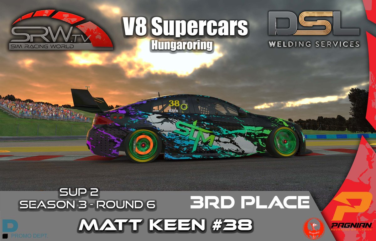DSL Welding V8 SUPERCARS-  Hungaroring.

🏆 Congratulations to our round 6 podium! 🏆

SUP 2
1st \\ Kye TURNER #5 - K-Tech Motorsport
2nd \\ Troy DOOLEY #333 - Team 3
3rd  \\ Matt KEEN #38 - SLM Motorsport

🎬 youtu.be/HVIxPA6wToU 🎬
#iracing