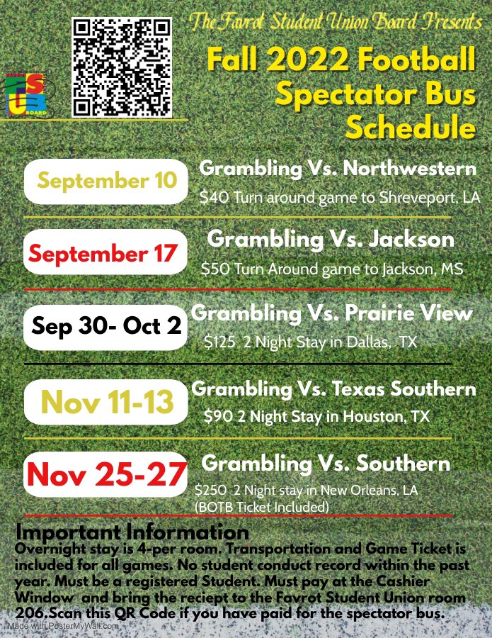 WhatsUpwithFSUB's tweet photo. #GramFam Football season has started! Here is our Spectator Bus List. Let’s support our G-Men in numbers🏈!!!! If you have any questions dm us! https://t.co/6NT9K3Pewd
