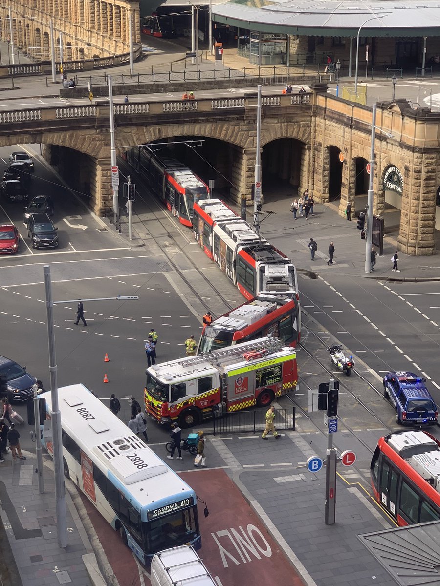 Light rail T-boned fire truck outside Central. Expect delays. <a href="/smh/">The Sydney Morning Herald</a>