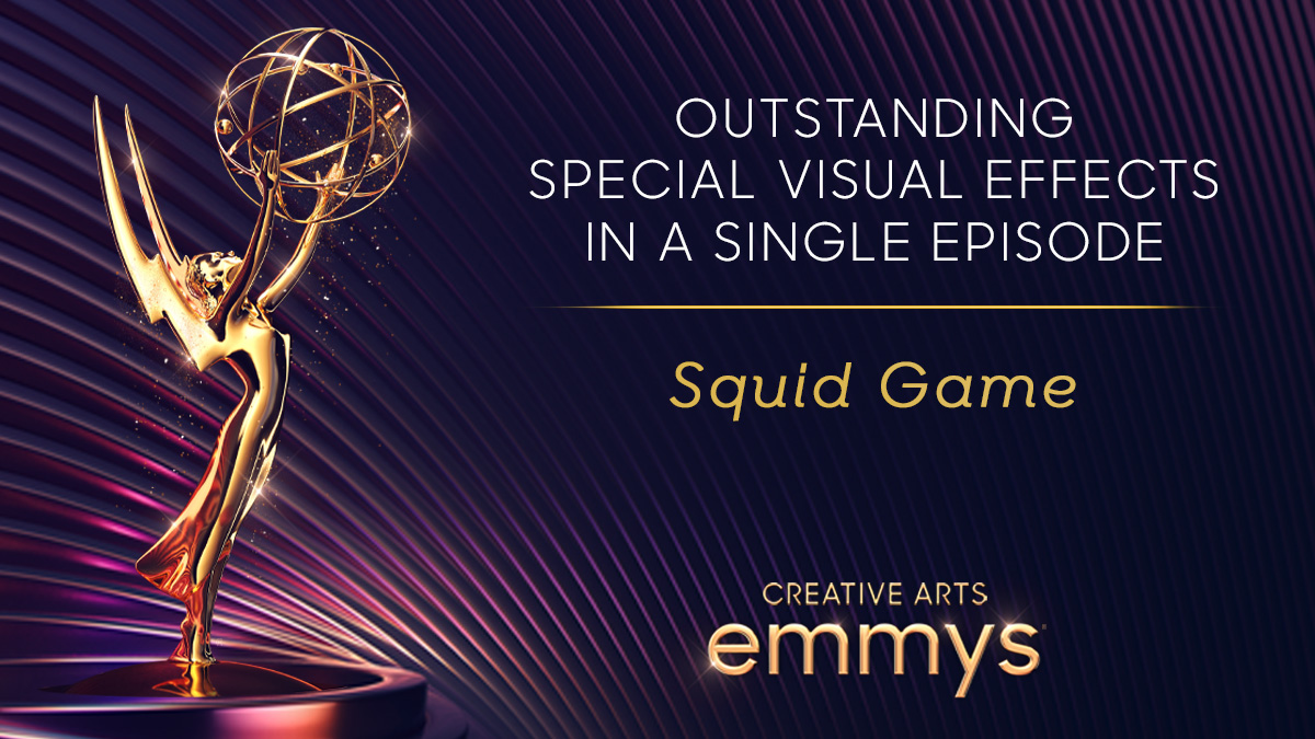 TelevisionAcad's tweet photo. Making television magic! The @SquidGame (@Netflix) VFX team wins the #Emmy for Outstanding Special Visual Effects in a Single Episode! 🦑 #Emmys #Emmys2022 https://t.co/VbWb6IMnyr