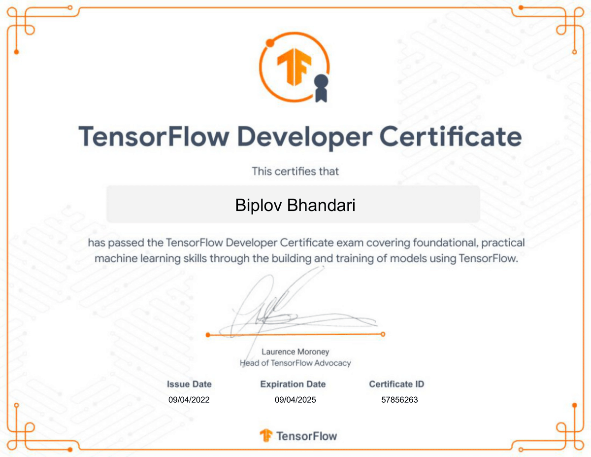 BiplovBhandari's tweet photo. I have completed the @TensorFlow Certification Examination. The journey started after the 3-day TF Exchange for the SERVIR after 2019 @GeoForGood. After the exchange, we completed several machine learning-related projects and published multiple papers through the Working Group. https://t.co/klKrI8DXcg