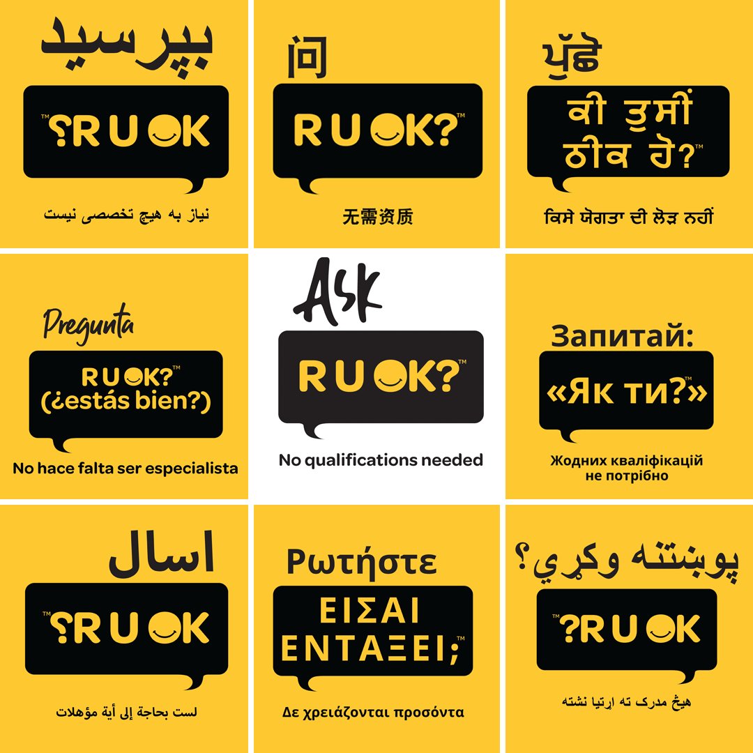There are so many different ways to ask, "are you OK?"

R U OK? has developed FREE resources, including conversation guides and posters, in 14 different languages to help you do this.

Access them here: bit.ly/3TH7qIq #RUOKDay2022

Reply with the way you ask R U OK? 💬