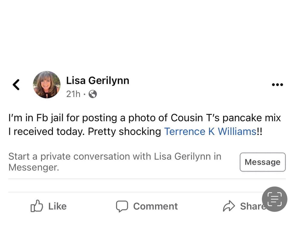 w_terrence's tweet photo. According to Facebook my Pancakes are racist! I’m on 90 day restriction &amp; they are flagging accounts for buying or sharing pictures of my Pancake Mix. This is crazy and it has everything to do with me being MAGA! I won’t apologize for it

*GET YOUR  🥞👉  https://t.co/JOaGaqulgw https://t.co/jqcew3ybr6