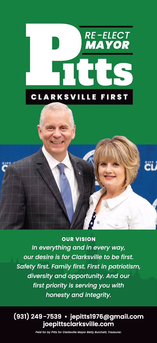 JoeEPitts's tweet photo. I’ve been asked the meaning of “Clarksville First,” the theme of our campaign this year. Quite simply it is our hope, our dream, our vision for the next four years.
Please join us as we look to the future. Thank you for your support. https://t.co/kXNviAhvqa