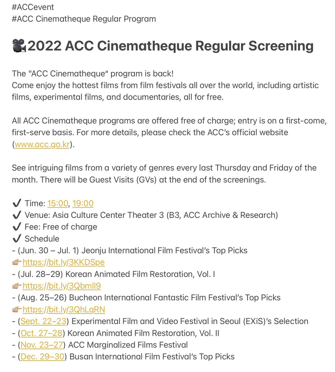 WeLoveACC's tweet photo. #ACCevent
- (Sept. 22–23) Experimental Film and Video Festival in Seoul (EXiS)’s Selection
- (Oct. 27–28) Korean Animated Film Restoration, Vol. II
- (Nov. 23–27) ACC Marginalized Films Festival
- (Dec. 29–30) Busan International Film Festival’s Top Picks
#ACCCinematheque https://t.co/MbnzWvxPxF
