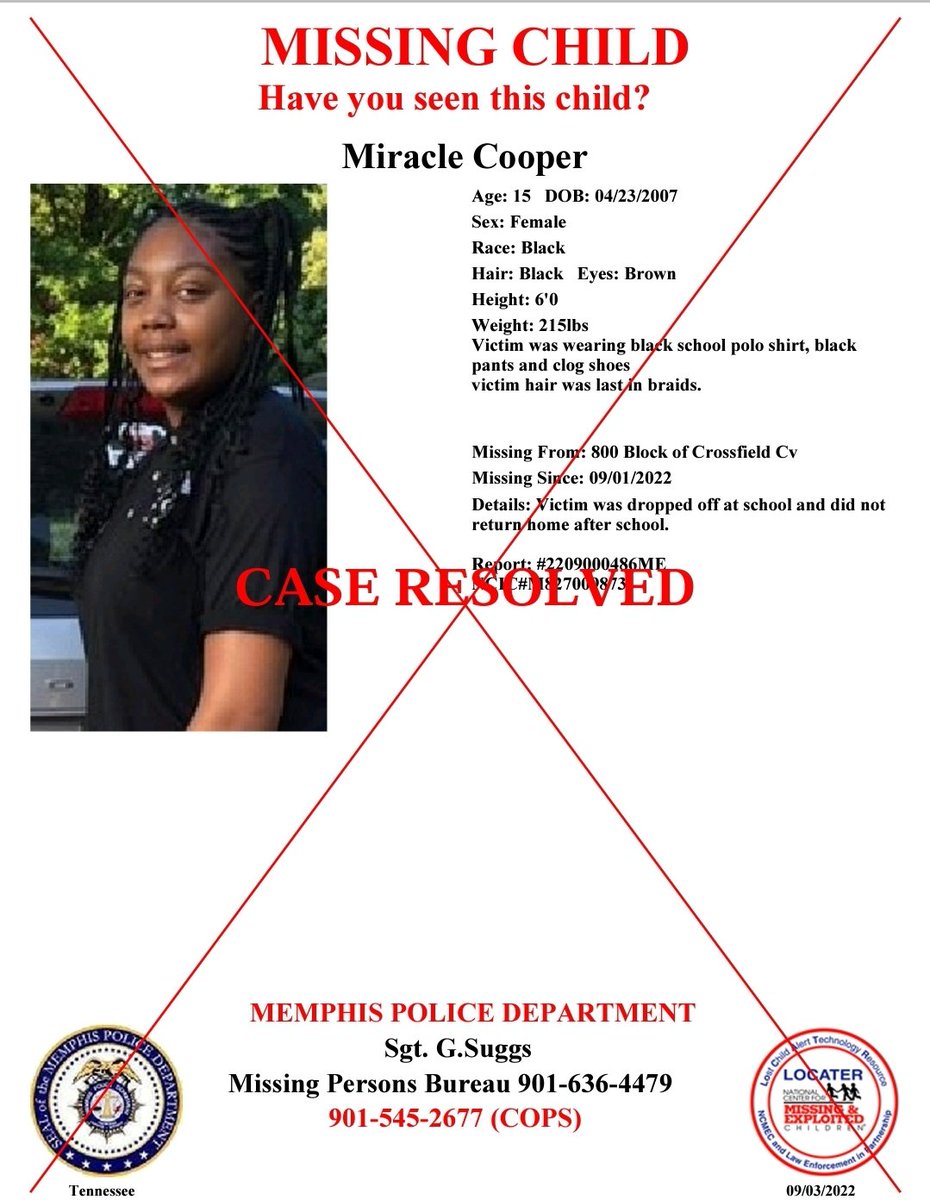 MEM_PoliceDept's tweet photo. **UPDATE**
Miracle Cooper has been located and she is safe. https://t.co/CmtgjpIw6Q