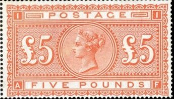 G.B. £5 1882.
This stamp used for postage would represent A maximum weight item being carried from England to rural Peru.
Mostly although used for the payment of Telegrams or Government Duty, in Scotland Whisky. Hence 3 £5 stamps issued with PO counter cancellations.