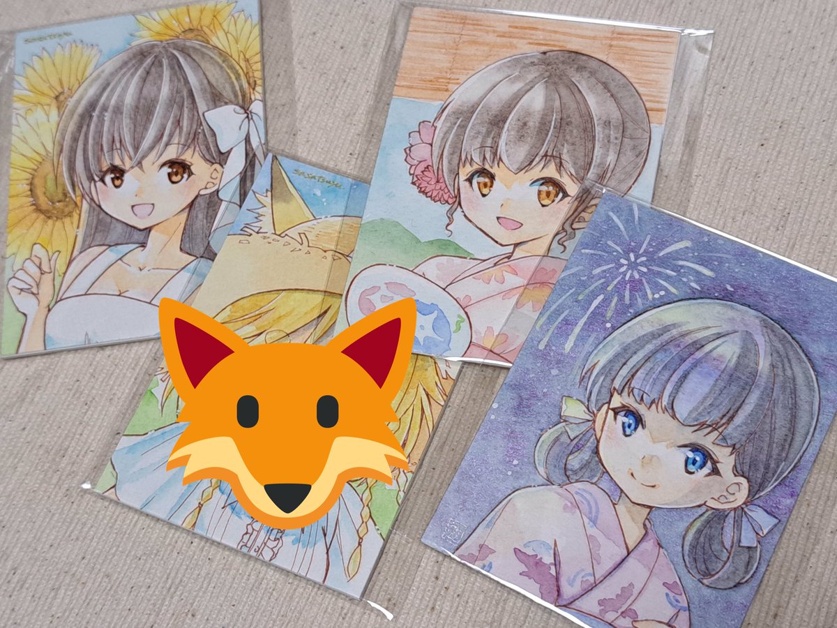「BOOTH追加予定の直筆作品。ドローイングは新刊セット、ミニ色紙はポストカードセ」|ささつゆ🦊5/5【COMITIA144】H28b📚5/6【A40】参加のイラスト